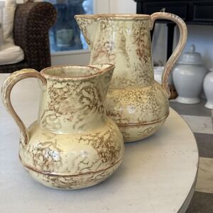INTERLUDE HOME VINTAGE Handmade Pair Of Pitchers - Pottery - Sponge Ware Style